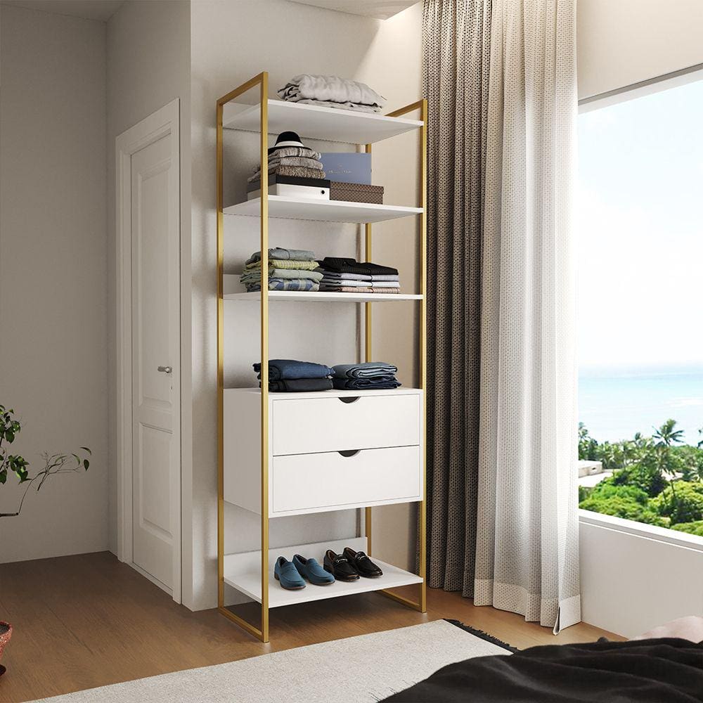 Guarda Roupa Aberto Industrial Solteiro 1 Módulo com Gaveta Branco Base Dourada