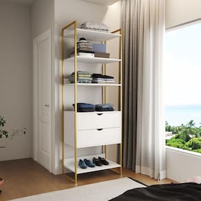 Guarda Roupa Aberto Industrial Solteiro 1 Módulo com Gaveta Branco Base Dourada