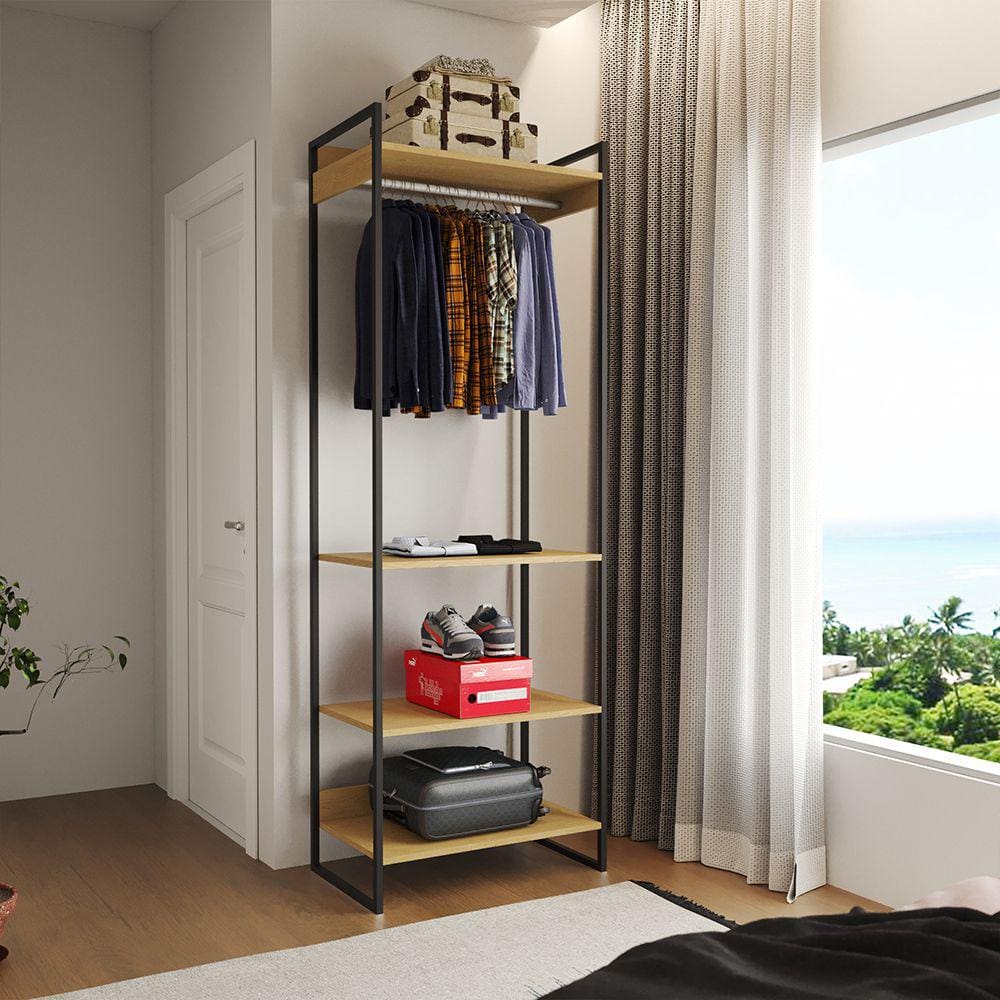 Guarda Roupa Aberto Industrial Modulado Solteiro Canela Cabideiro Ferro Preto