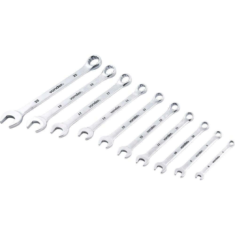 Jogo Chave Combinada 6-22mm Cromo Vanádio Cromada Com 10 Peç