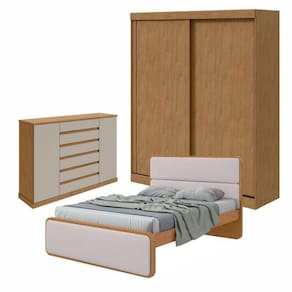 Quarto com Guarda-Roupa Casal 2 Portas 2 Gavetas, Cômoda 2 Portas 7 Gavetas e Cama Loop Amêndoa Clean/Off White