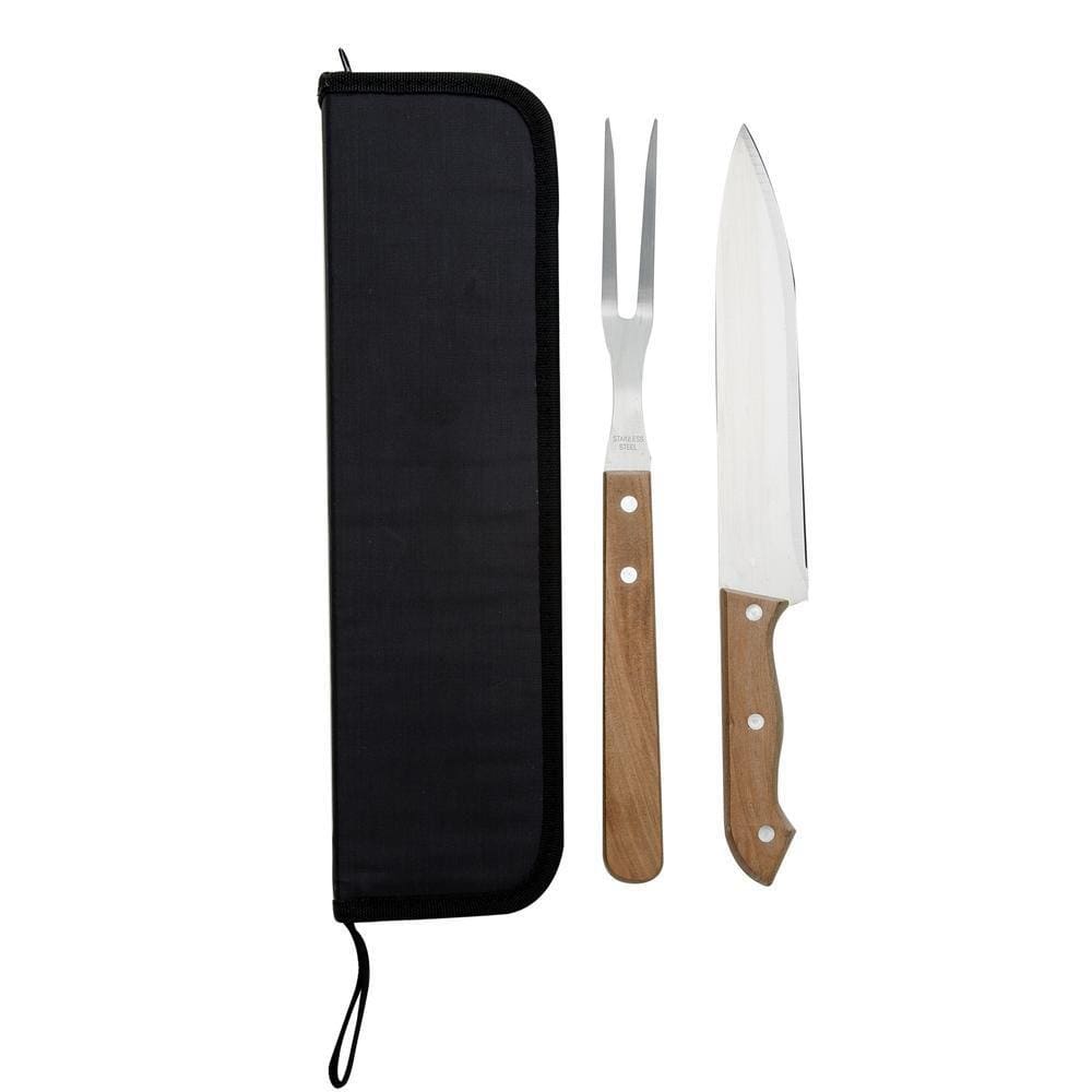 Kit Churrasco 2 Peças Com Estojo Preto Garfo Faca Madeira