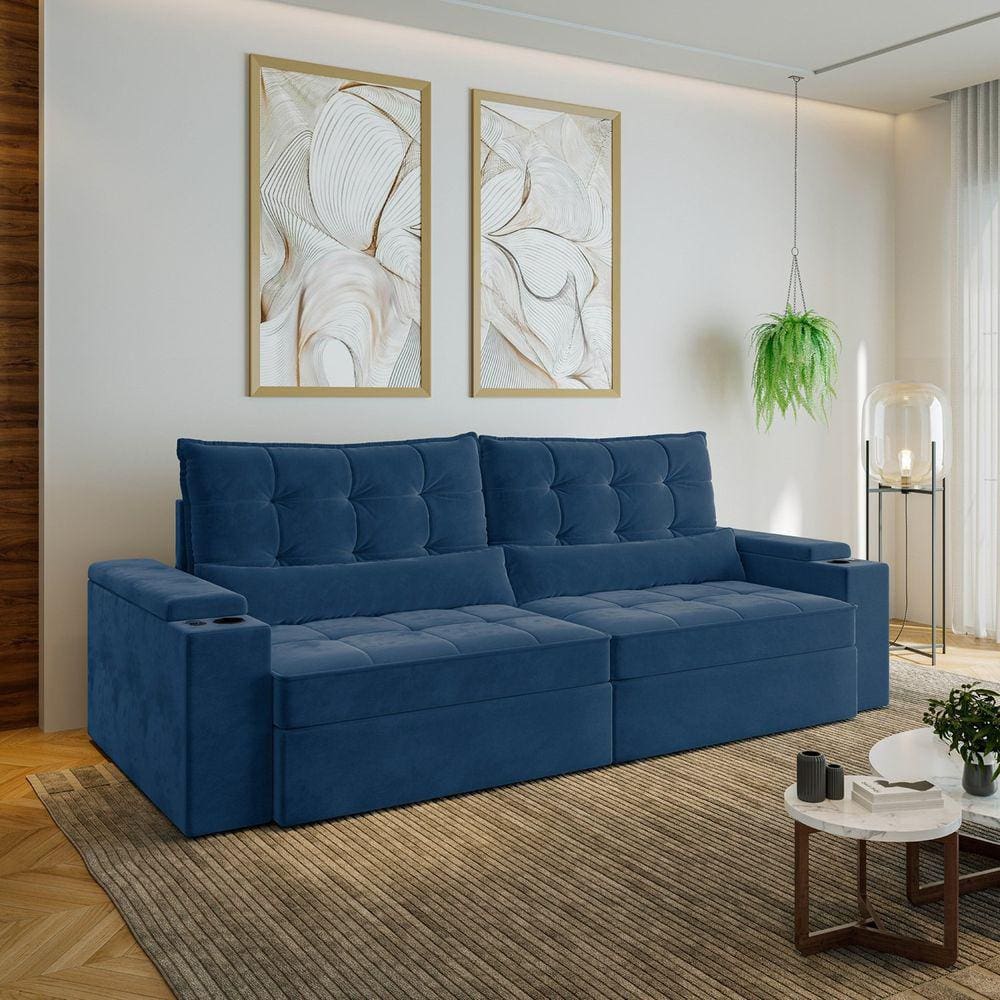 Sofá Retrátil e Reclinável com Porta Copos e Usb 4 Lugares 270cm Embaúba Extra Cabecasa Madeiramadei Azul Diamante