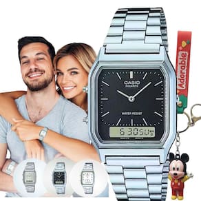 Relógio Pulso Casio Unissex Vintage Feminino Masculino Pequeno Quadrado Digital Analógico Prova Dágua 3 ATM Prata AQ-230A + Chaveiro