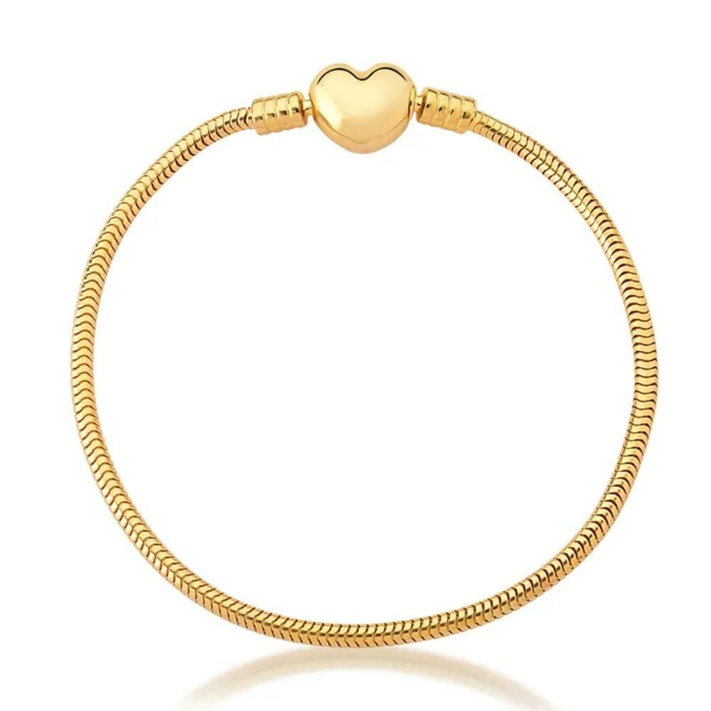 Pulseira Bracelete Berloques Fecho Coração Banhada a Ouro