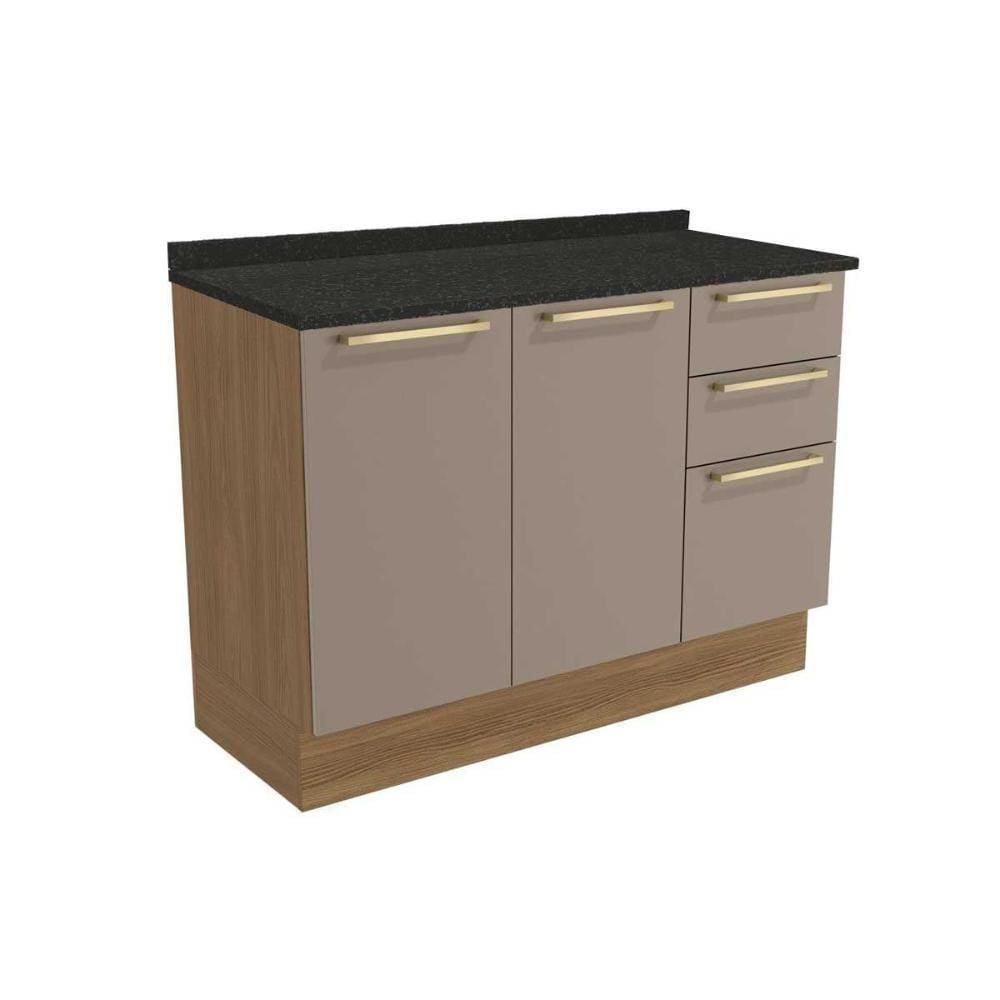 Gabinete De Cozinha Balcão M624 C-3 Gavetas E 2 Portas C-tampo 120cm Nogueira-fendi-preto Brilho