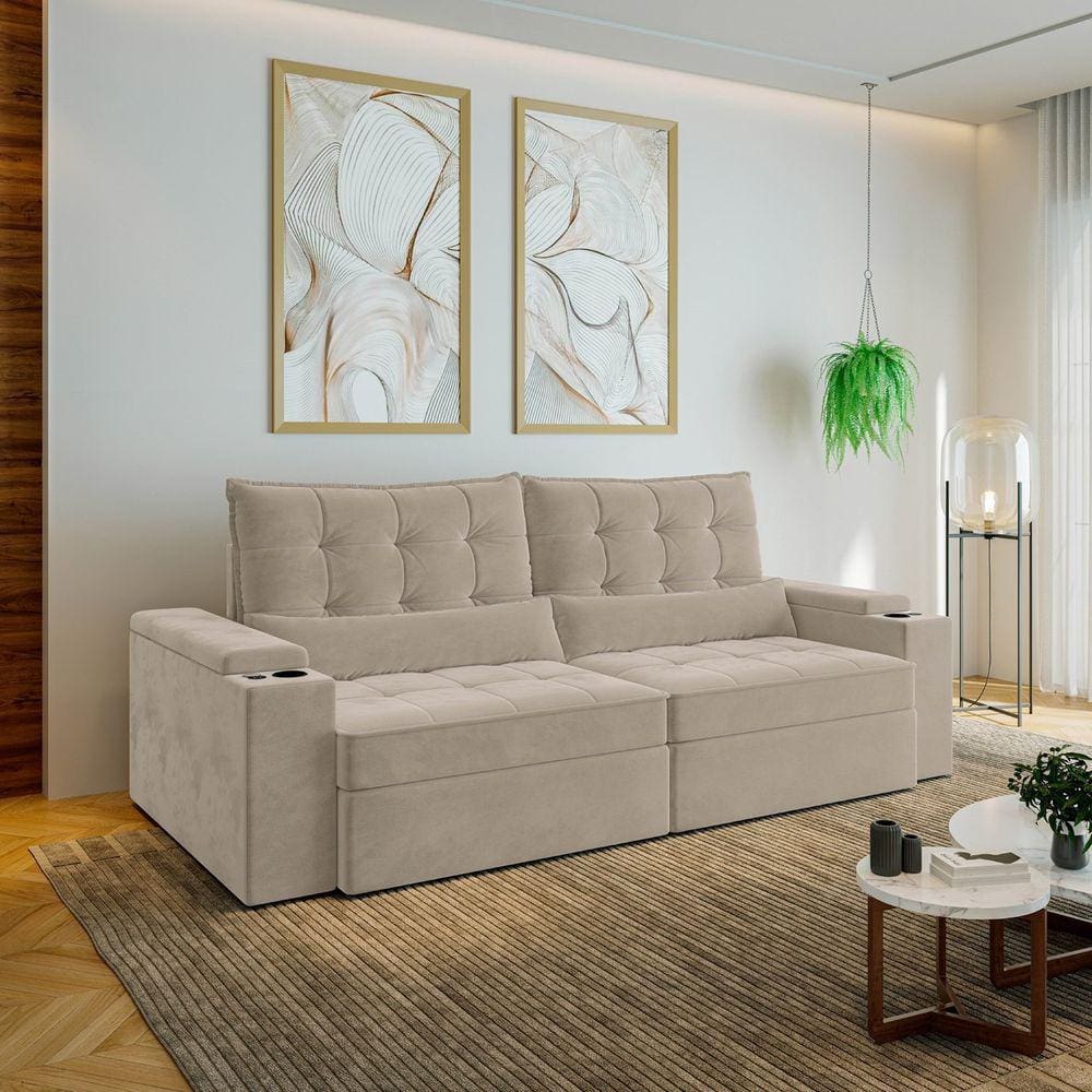 Sofá Retrátil e Reclinável com Porta Copos e Usb 4 Lugares 250cm Embaúba Extra Cabecasa Madeiramadei Bege Fosco