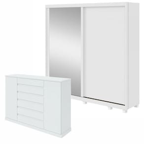 Conjunto de Guarda-Roupa 2 Portas 4 Gavetas 100% MDF Nix com Espelho e com Pése Cômoda Vedra Branco