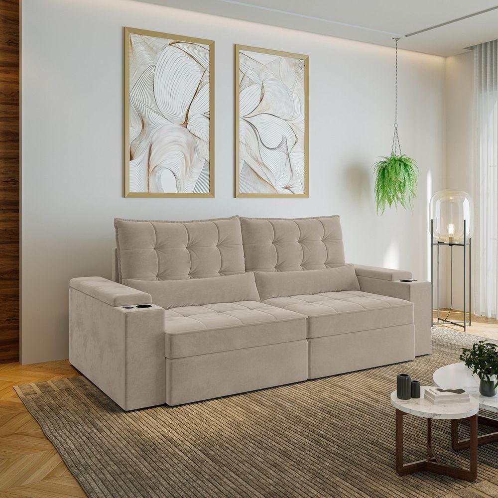 Sofá Retrátil e Reclinável com Porta Copos e Usb 4 Lugares 240cm Embaúba Extra Cabecasa Madeiramadei Bege Fosco