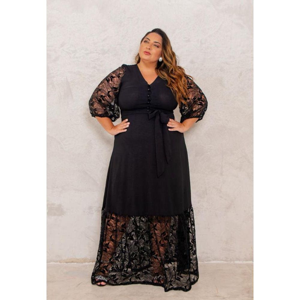 Vestido Feminino Longo Plus Size Com Detalhe Em Renda