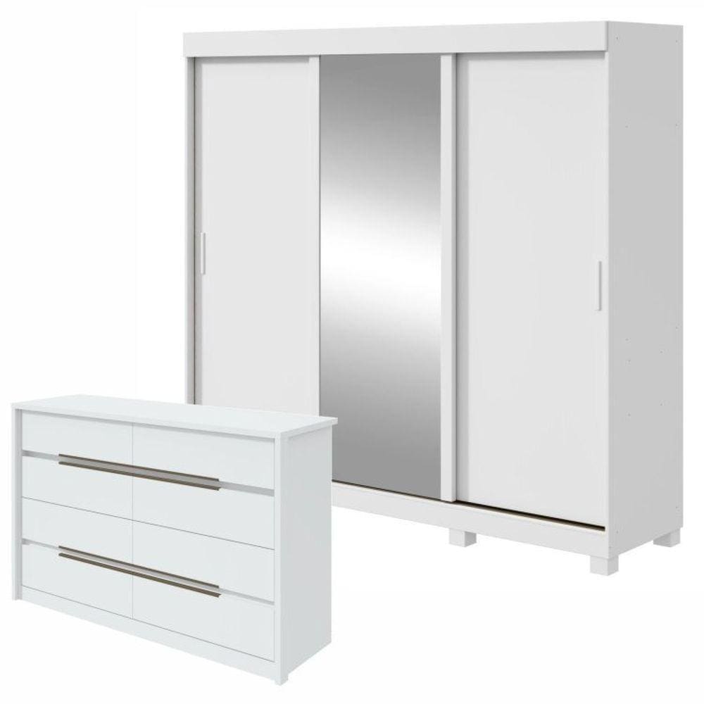 Conjunto de Guarda-Roupa 3 Portas 3 Gavetas Saion Plus 1 Porta Glass com Pése Cômoda Urban Branco
