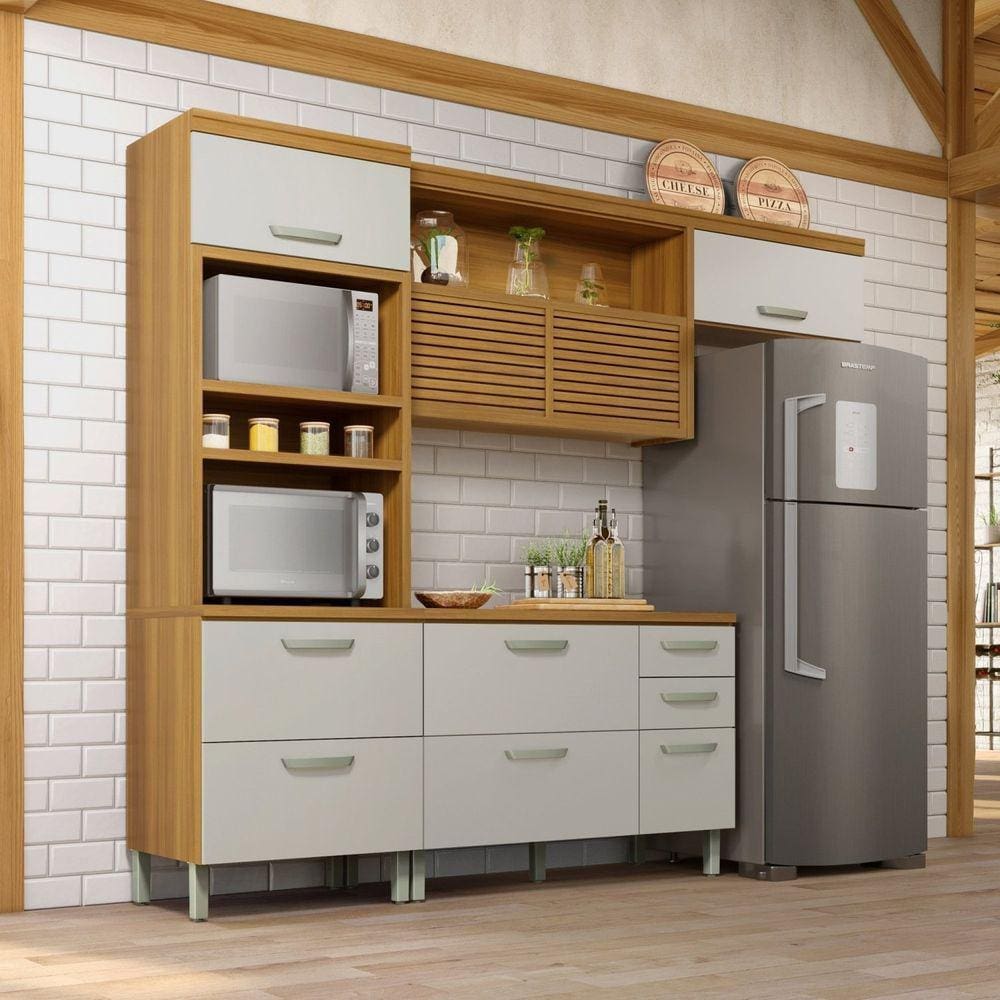 Cozinha 3 Peças Torre Quente Ripado Princesa Nesher 100% Mdf Freijó/Off White