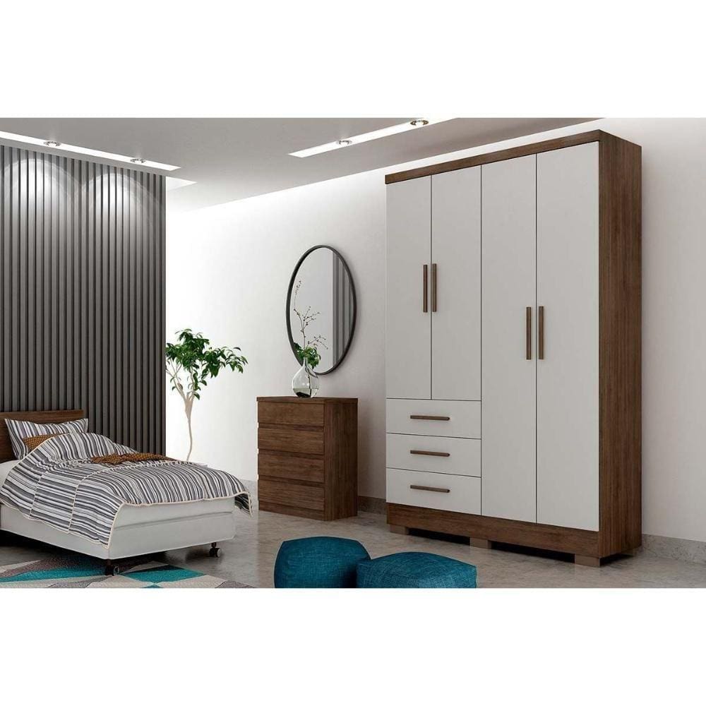 Guarda Roupa 4 Portas E 3 Gavetas C-espelho E Pés Encanto Freijo Cumaru C- Fendi - Novo Horizonte