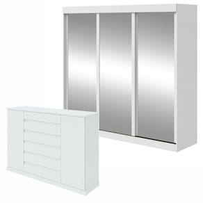 Conjunto de Guarda-roupa 3 Portas 3 Gavetas Saion Plus Super Glasse Cômoda Vedra Branco