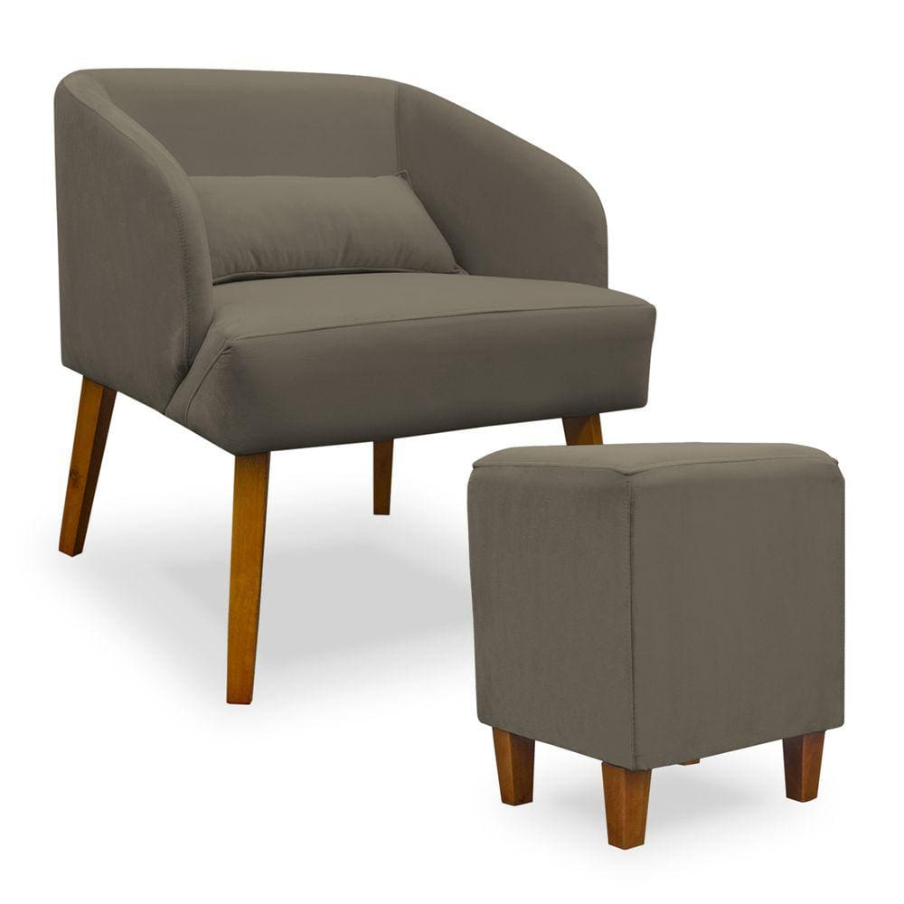 Poltrona Decorativa com Puff Virgínia Veludo Cappuccino - Montanaris Decor