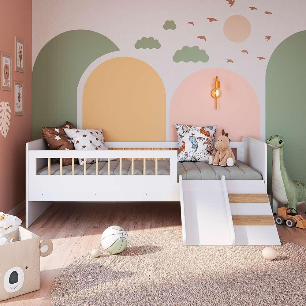 Cama Montessoriana Com Colchão Ortobom Solteiro Infantil Com Grade De Proteção 135cm x 193cm Branco Merritt Shop Jm
