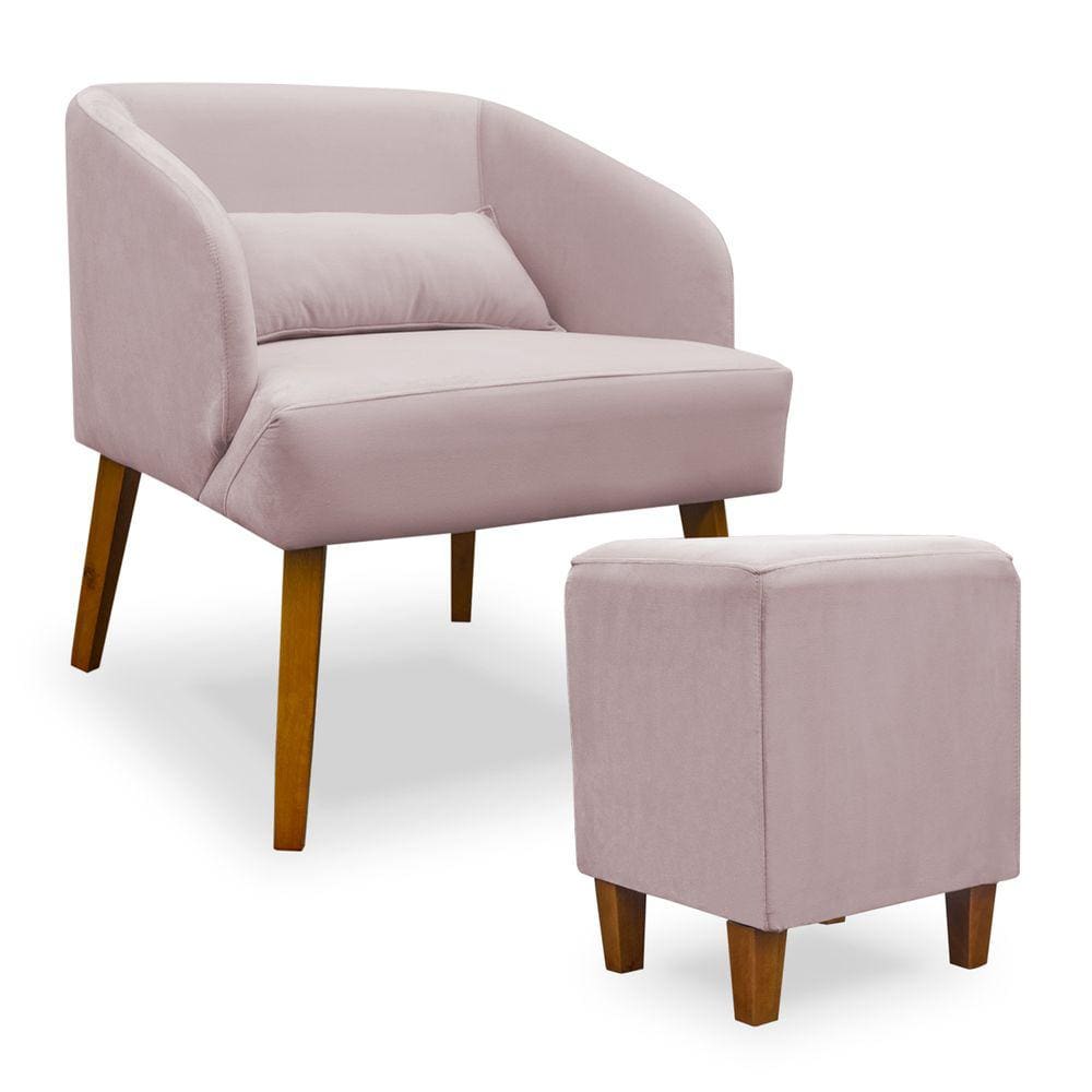 Poltrona Decorativa com Puff Virgínia Veludo Rosê  - Montanaris Decor