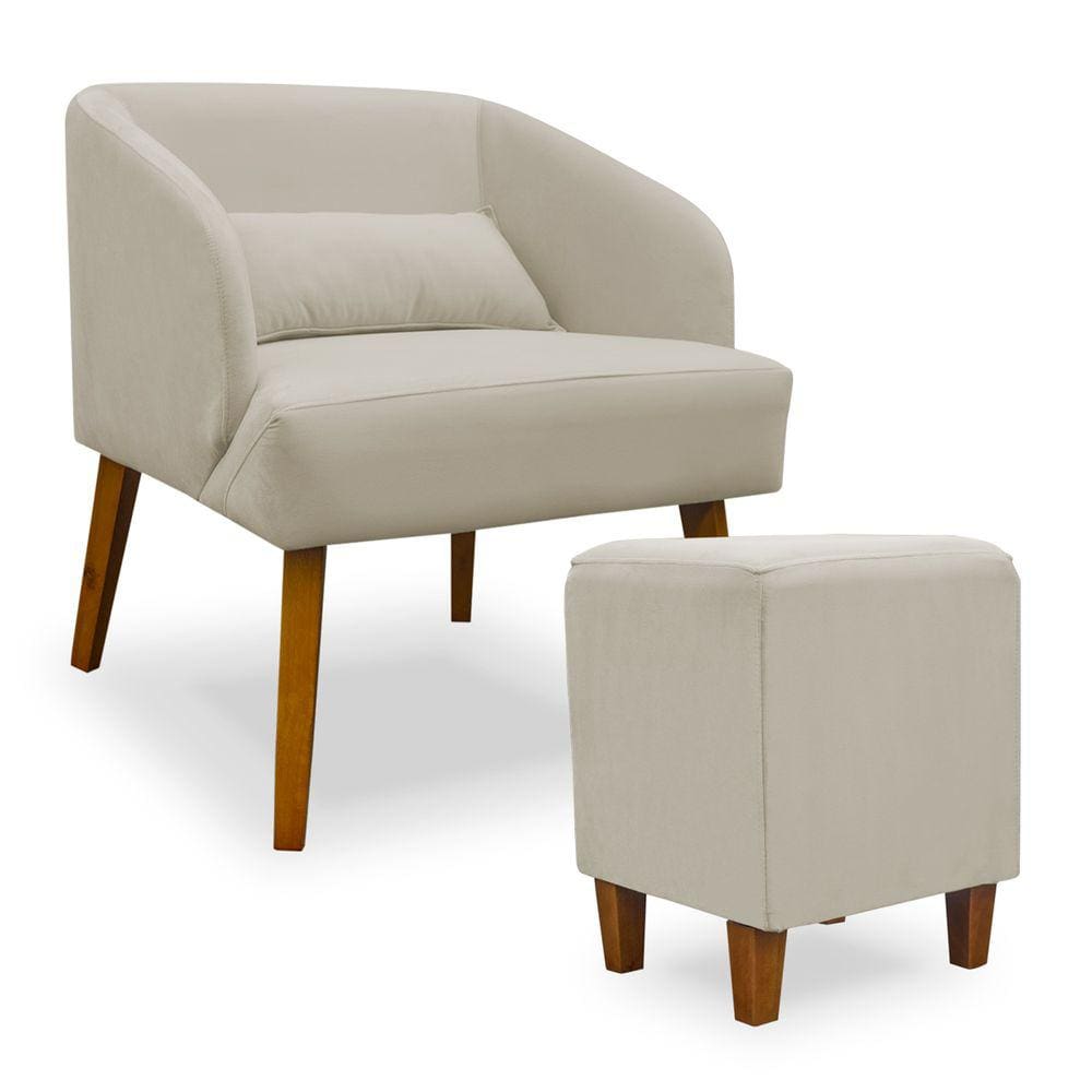 Poltrona Decorativa com Puff Virgínia Veludo Bege - Montanaris Decor