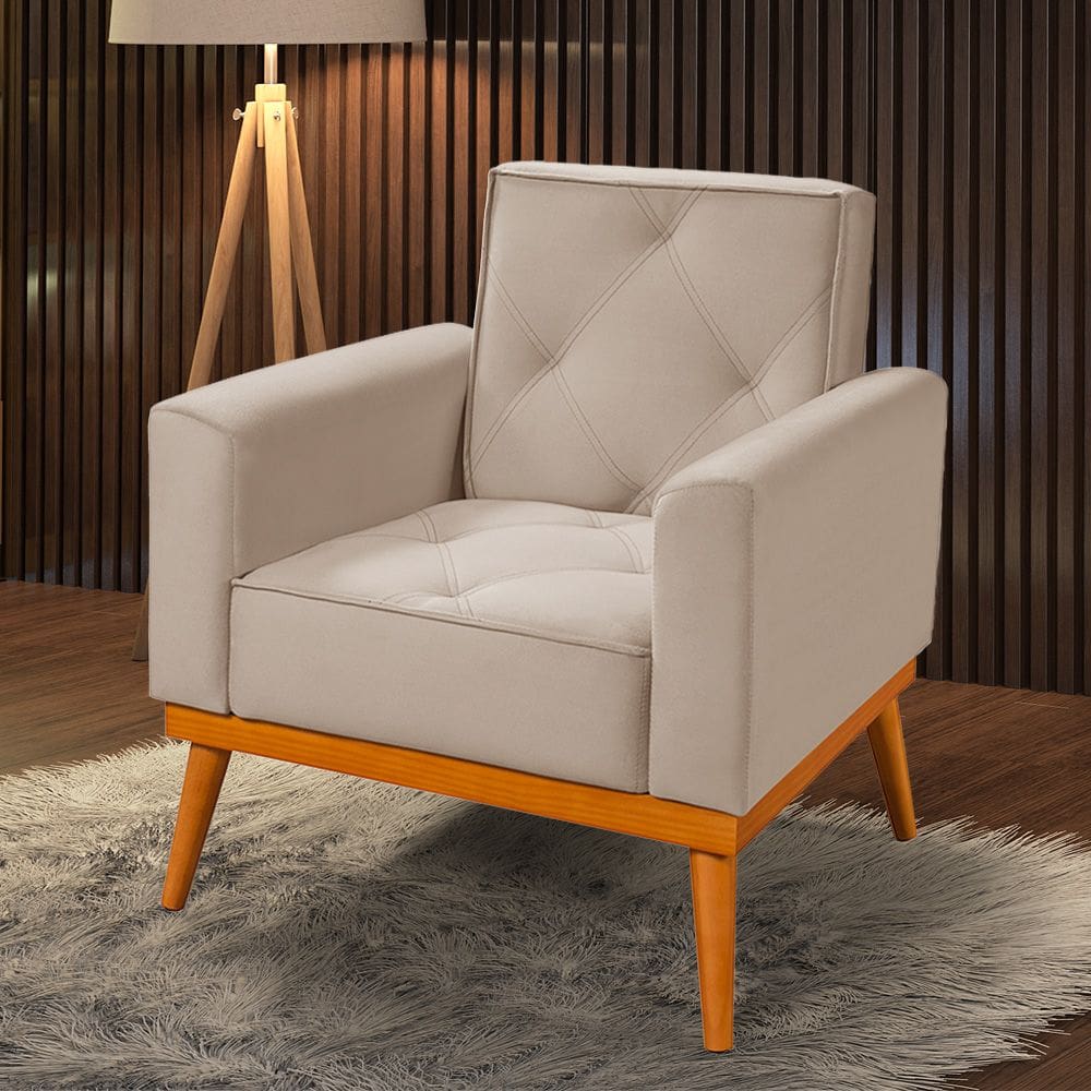 Poltrona Florença Base em Madeira Maciça Veludo Palha