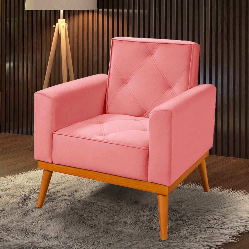 Poltrona Florença Base em Madeira Maciça Veludo Rosê