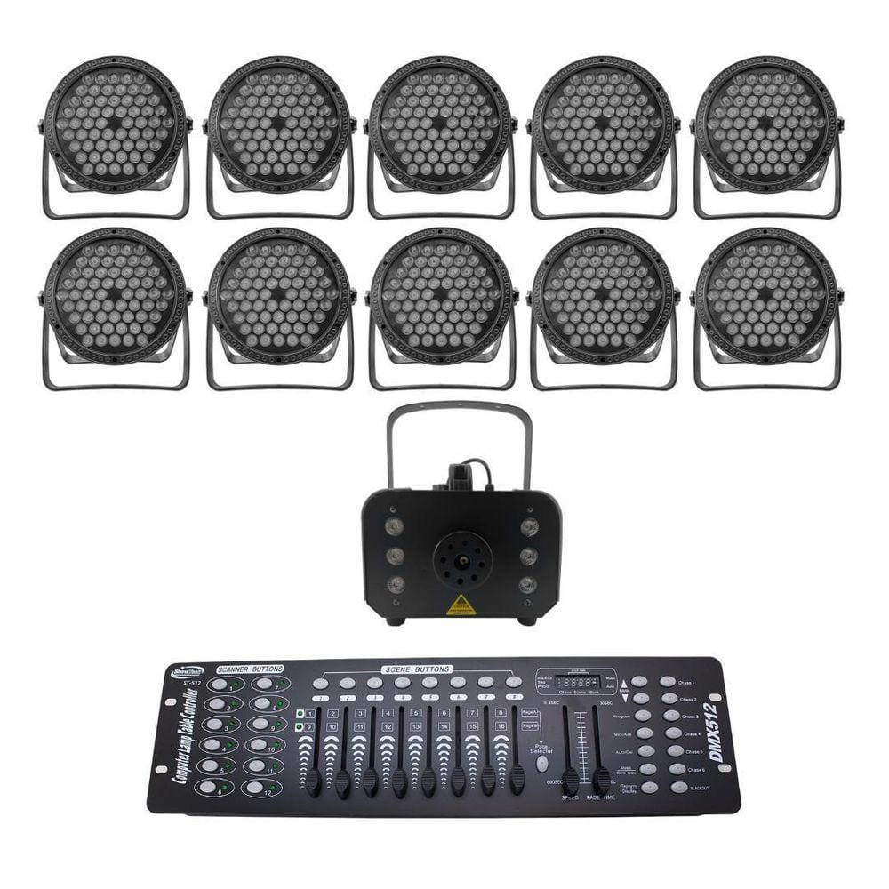 Kit 10 Par Led Slim Rgb + Máq De Fumaça 1200W + Mesa Dmx 512