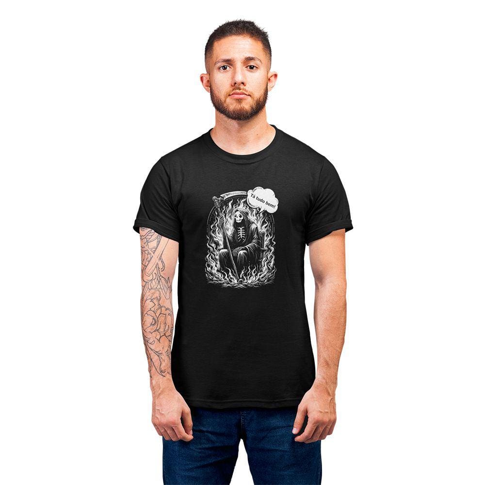 Camiseta Masculina Tá Tudo Bem Só Que Não Fogo Caveira Humor