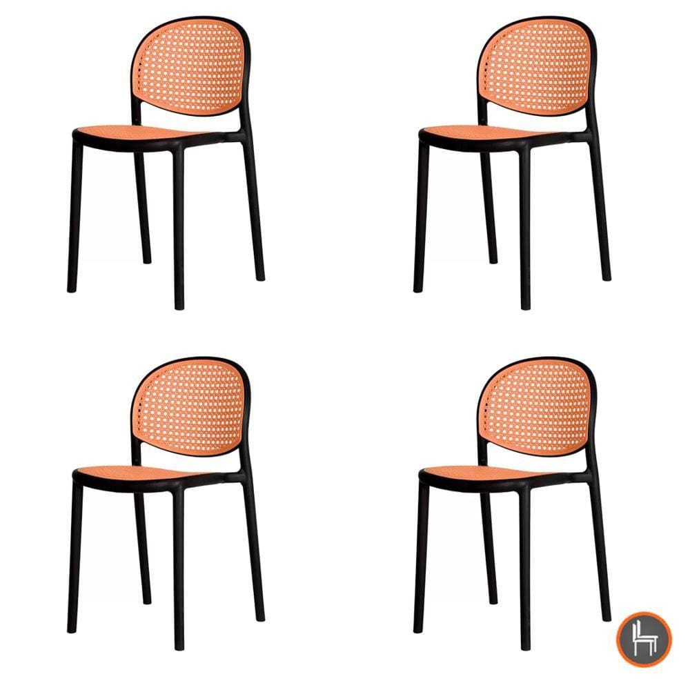 Kit 4 Cadeiras Empilhável Positano Fratini Polipropileno Cor Preta e Assento Simulando Palha Rattan