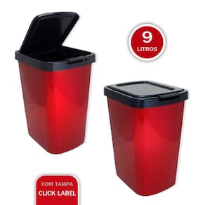 Lixeira Cesto 9L Tampa Click Label Vermelha Metalizada