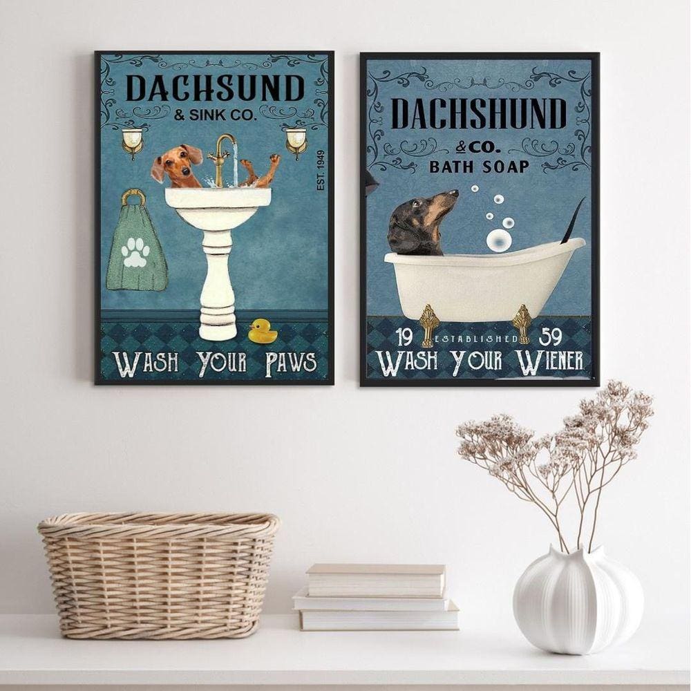 Kit 2 Quadros De Banheiro Cão Dachshund 33X24Cm