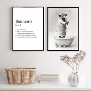 Kit 2 Quadros Divertidos Banheiro - Boi 45X34Cm - Com Vidro
