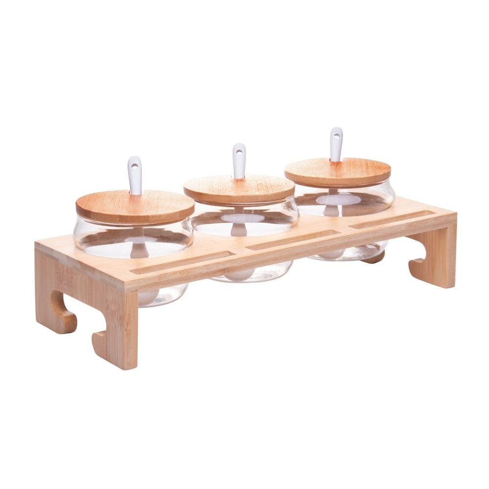 Conjunto 3 Porta Temperos de Vidro Borossilicato com Tampa e Suporte de Bambu 230ml - Wolff