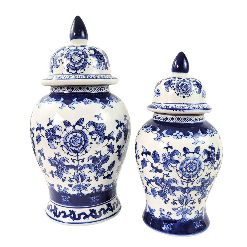 Pote Potiche Azul E Branco 46/37Cm Porcelana Decoração 2Pc