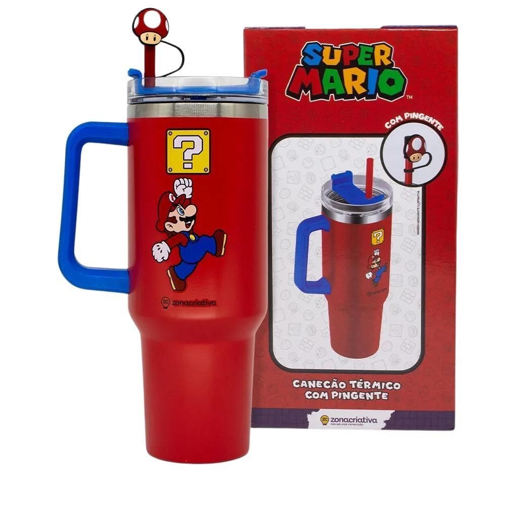 Copo Térmico Canecão Tumbler Inox 1,15L Canudo Super Mario