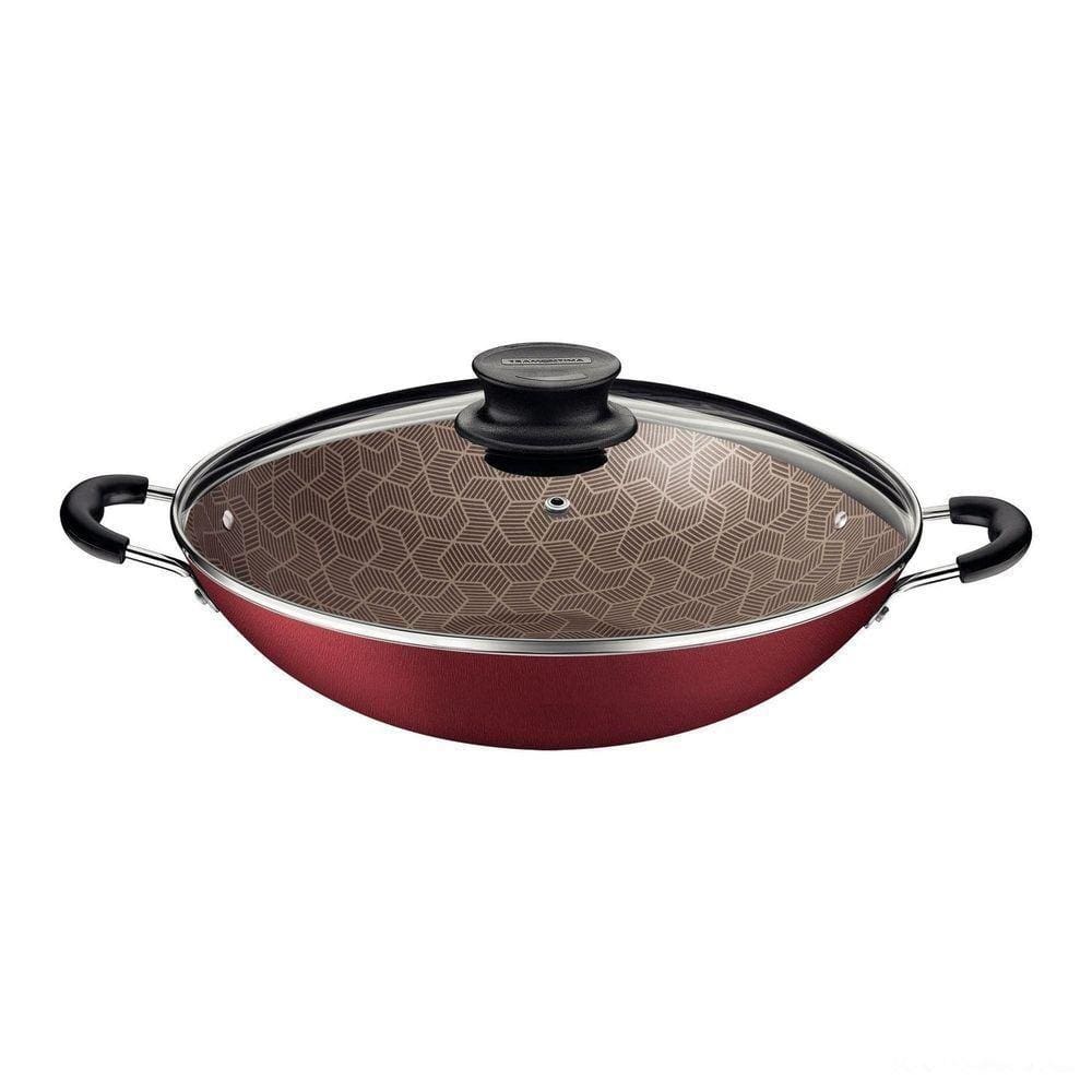 Wok Paris Com Revestimento Em Antiaderente Starflon Max Vermelho Tampa Vidro 32 Cm 4,4l