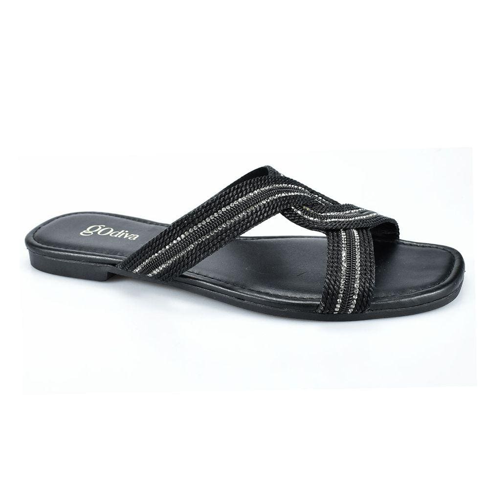 Rasteira Feminina Godiva Tiras Larga Trançada Rasteirinha Preto Prata Confortavel