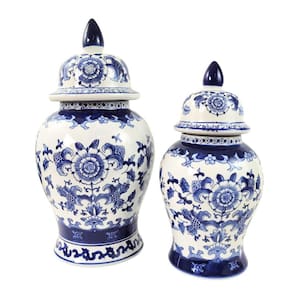Pote Potiche Azul E Branco 46/37Cm Porcelana Decoração 2Pc