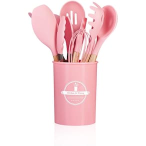 Jogo Kit C/12 Peças Utensílios De Cozinha em Silicone Colheres Espátula Cabo Madeira