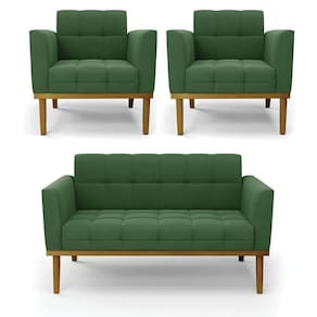 Conjunto 2 Poltronas E 1 Namoradeira Decorativa Pés Fixo Em Madeira Castanho Suede Verde