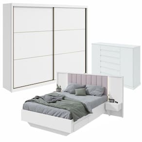 Conjunto com Guarda-Roupa Casal Toronto Pluse Cômoda Vedrae Cama Casal Solaris Branco