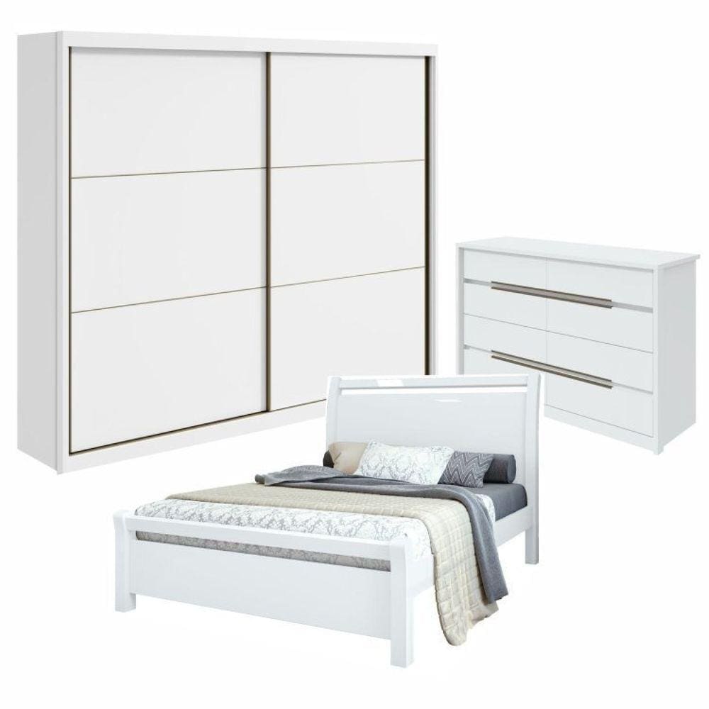 Conjunto de Guarda-Roupa Casal Toronto Pluse Cômoda Urban e Cama Casal Reali  Branco