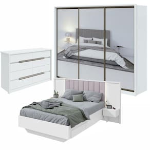 Conjunto com Guarda-Roupa Spazio Super Glass, Cômoda Urban e Cama Casal Solaris Branco