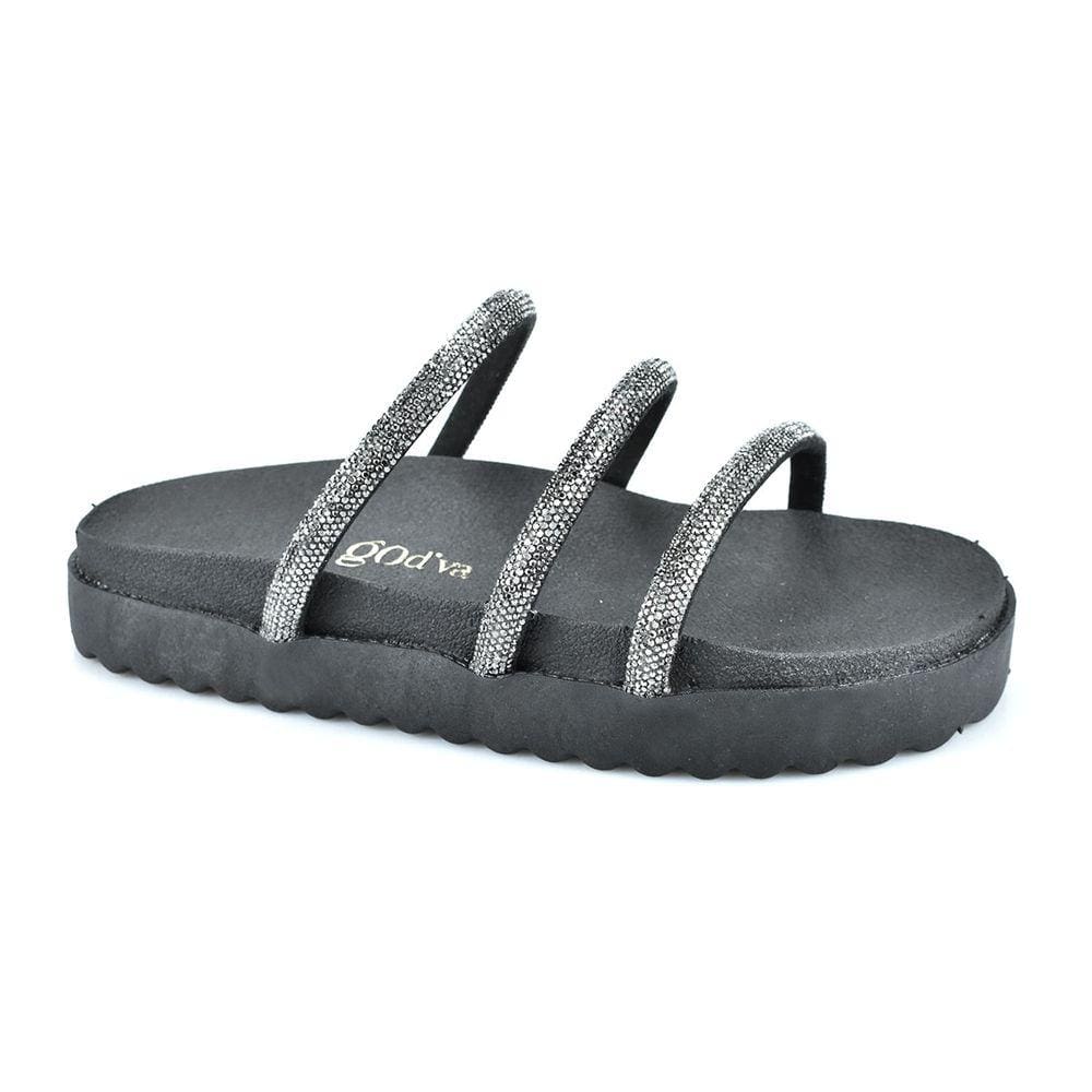 Tamanco Rasteira Godiva Tiras Strass Preto Feminino