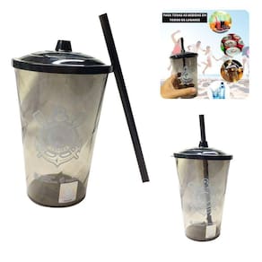 Kit 2 Copos Plástico Tampa E Canudo 600Ml Corinthians