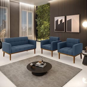 Conjunto 2 Poltronas E 1 Namoradeira Decorativa Pés Fixo Em Madeira Castanho Suede Azul Marinho