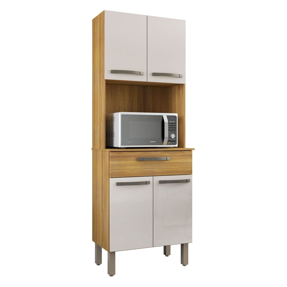 Kit 61cm Armário Paneleiro Cozinha Compacta Com Gaveta - Freijó Off White