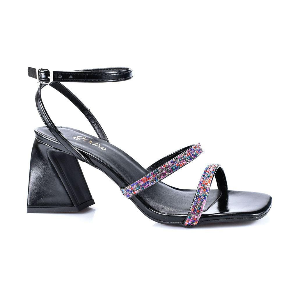 Sandalia Feminina Salto Alto Bloco Strass Colorido Godiva Fivela Regulavel