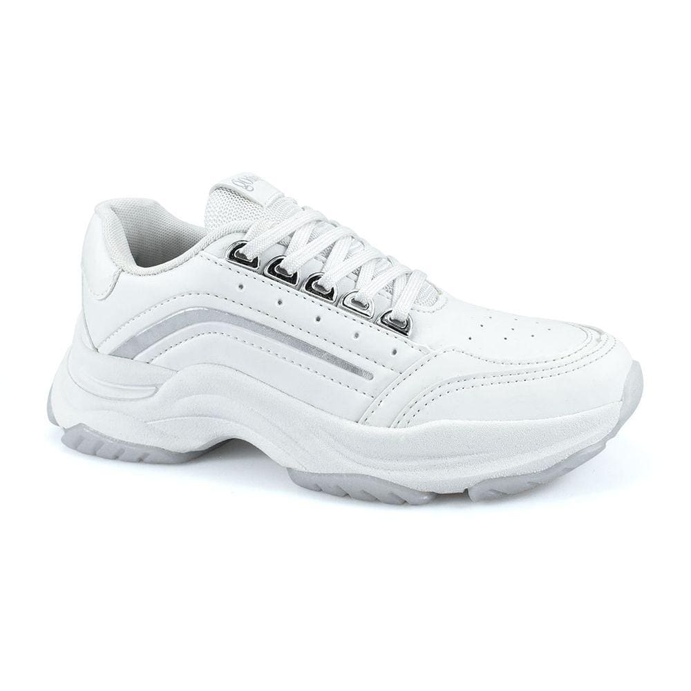 Tenis Feminino Chunky Godiva Branco Prata Reforcado Dia A Dia