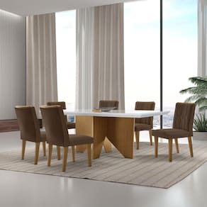 Mesa Nancy 180 Tampo Mdf Vidro/canto Reto com 6 Cadeiras Dandara Marrom/Off White/Imbuia