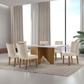 Mesa Nancy 180 Tampo Mdf Vidro/canto Reto com 6 Cadeiras Dandara Creme/Off White/Imbuia