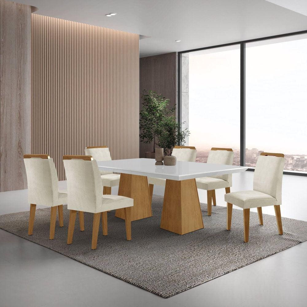 Mesa Inovare 180 Tp Mdf Vidro/canto Reto com 6 Cadeiras Bugatti Creme /Off White / Imbuia Ripado